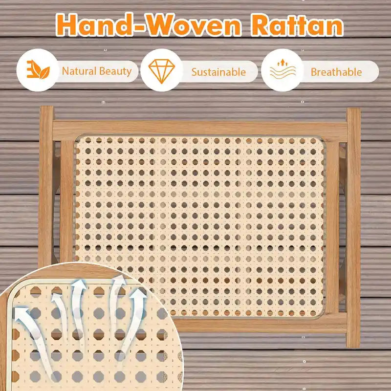 1/2 PCS Ottoman Footstool Natural Teak Wooden Foot Rest w/ Rattan