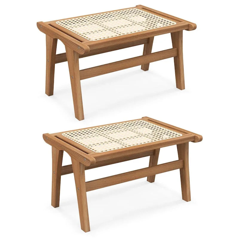1/2 PCS Ottoman Footstool Natural Teak Wooden Foot Rest w/ Rattan
