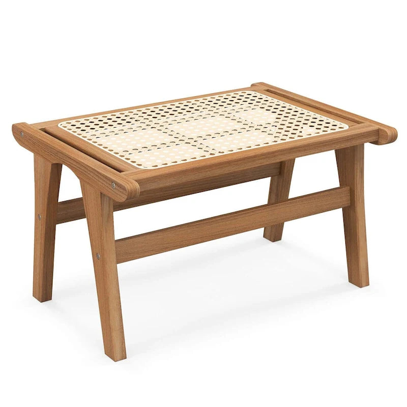 1/2 PCS Ottoman Footstool Natural Teak Wooden Foot Rest w/ Rattan