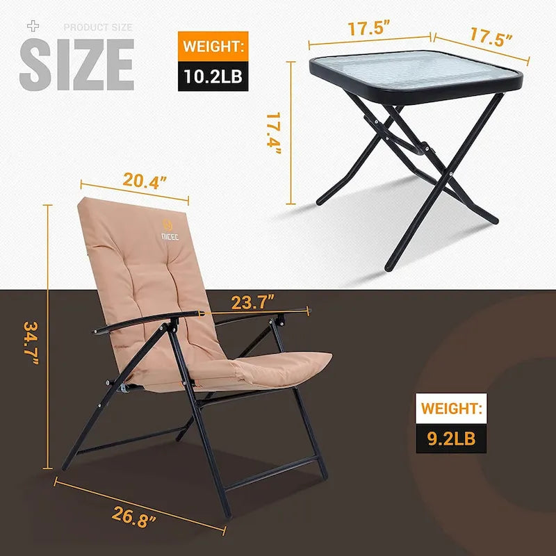 3-Piece Patio Dining Set, 1 Glass Table 2 Folding Reclining Chairs (Beige) - N/A