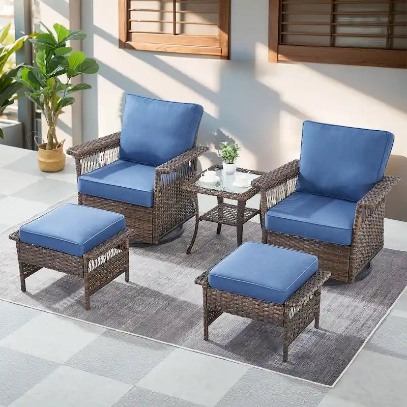 Gymojoy 3PCS Outdoor Swivel Gliders Chair Table with Ottoman - Brown
