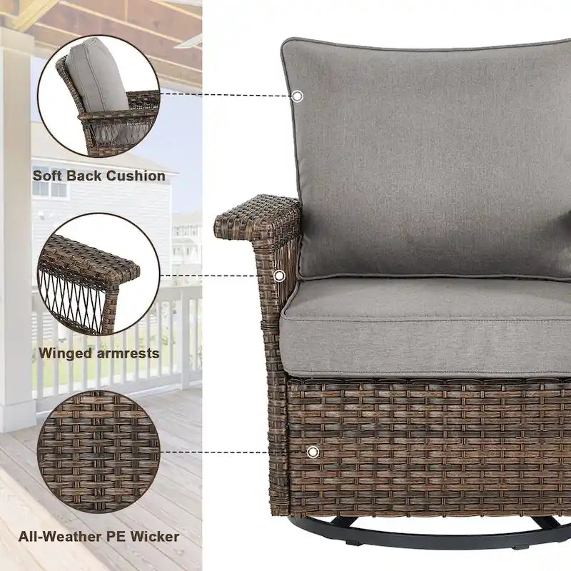Gymojoy 3PCS Outdoor Swivel Gliders Chair Table with Ottoman - Brown