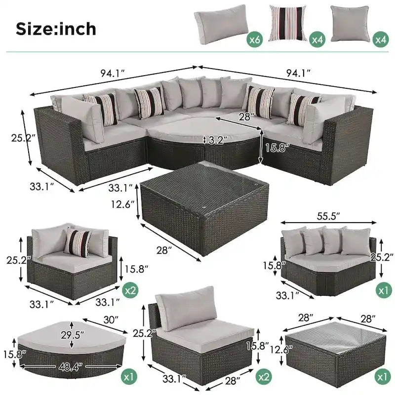 7-Piece Outdoor Wicker Sofa Set, Rattan Sofa Lounger, with Colorful Pillows, Conversation Sofa