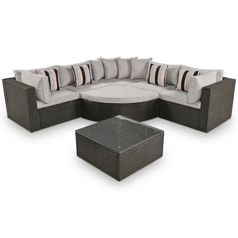 7-Piece Outdoor Wicker Sofa Set, Rattan Sofa Lounger, with Colorful Pillows, Conversation Sofa