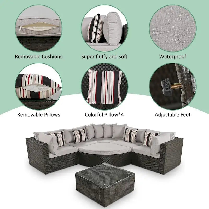 7-Piece Outdoor Wicker Sofa Set, Rattan Sofa Lounger, with Colorful Pillows, Conversation Sofa