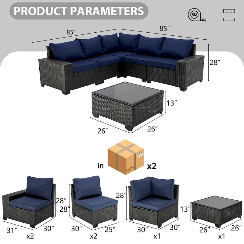 6-Pieces Wicker Outdoor Sectional Set with Cushions and Coffee Table