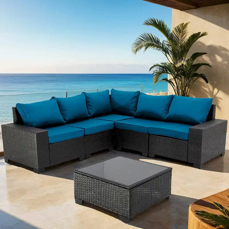 6-Pieces Wicker Outdoor Sectional Set with Cushions and Coffee Table