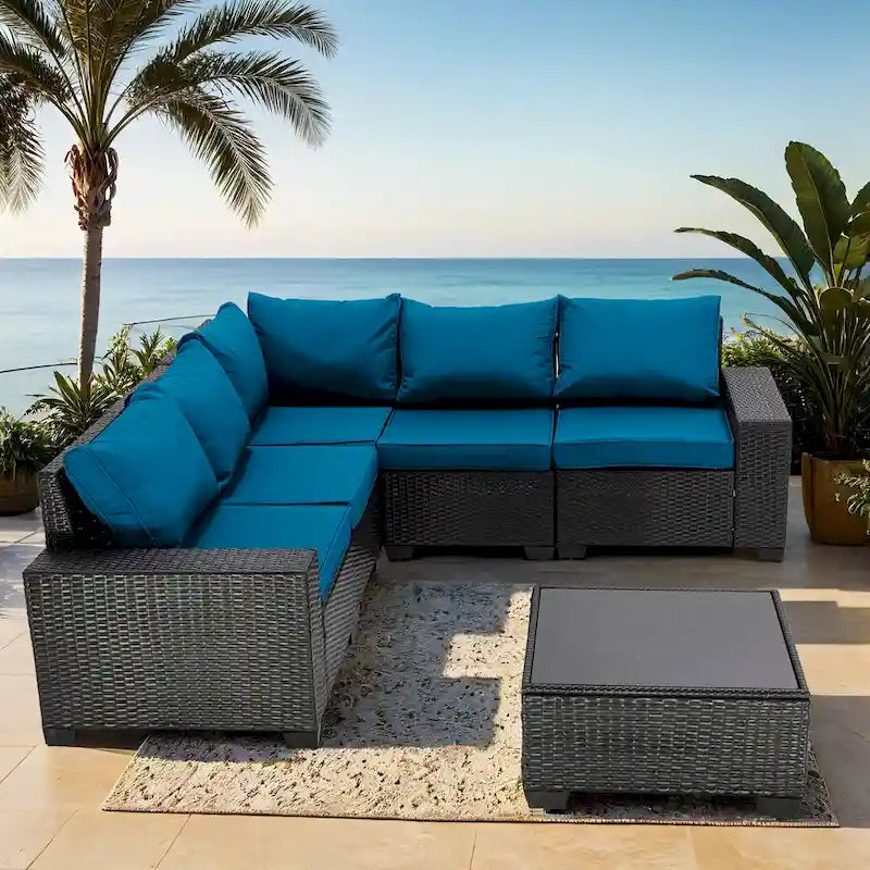 6-Pieces Wicker Outdoor Sectional Set with Cushions and Coffee Table