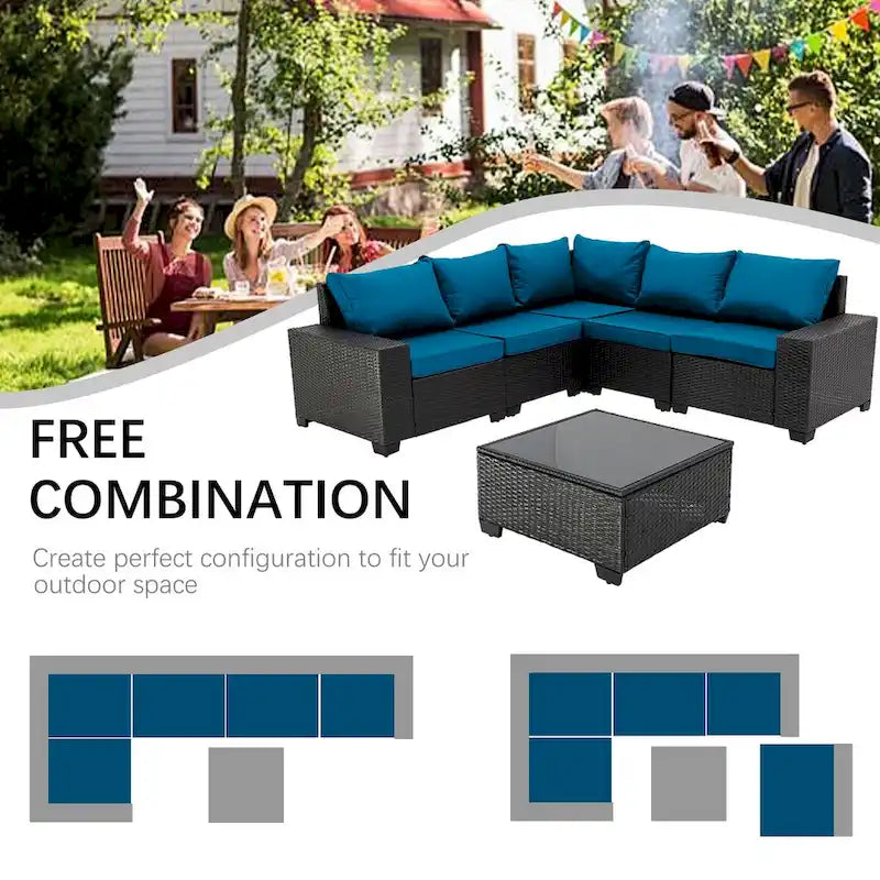 6-Pieces Wicker Outdoor Sectional Set with Cushions and Coffee Table