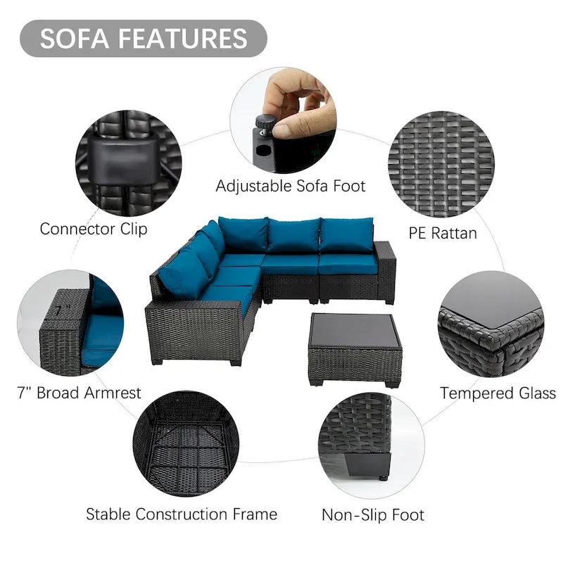 6-Pieces Wicker Outdoor Sectional Set with Cushions and Coffee Table