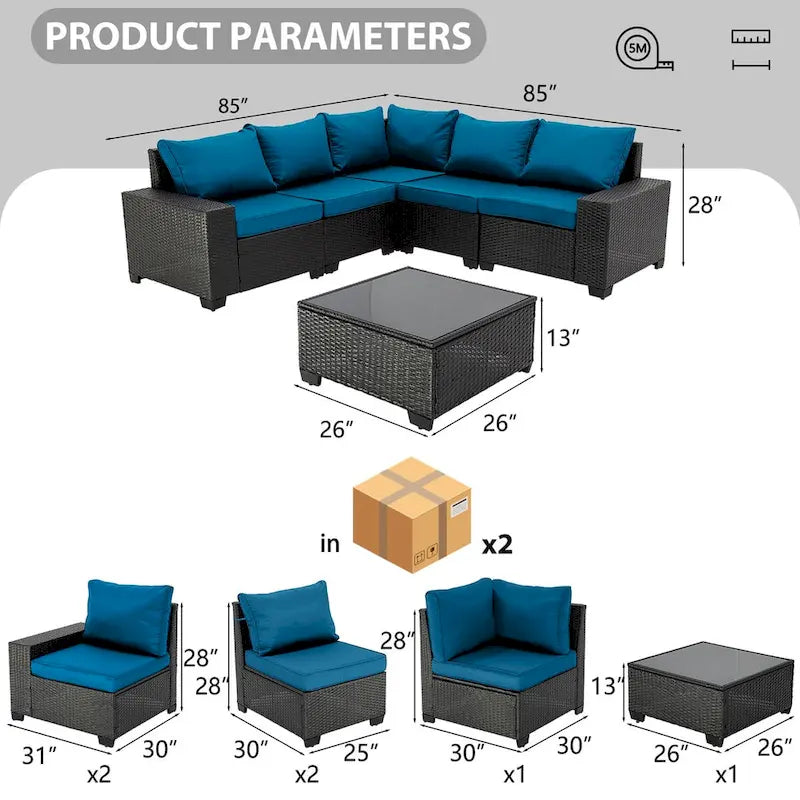 6-Pieces Wicker Outdoor Sectional Set with Cushions and Coffee Table