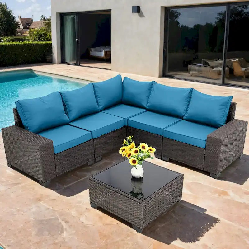 6-Pieces Wicker Outdoor Sectional Set with Cushions and Coffee Table