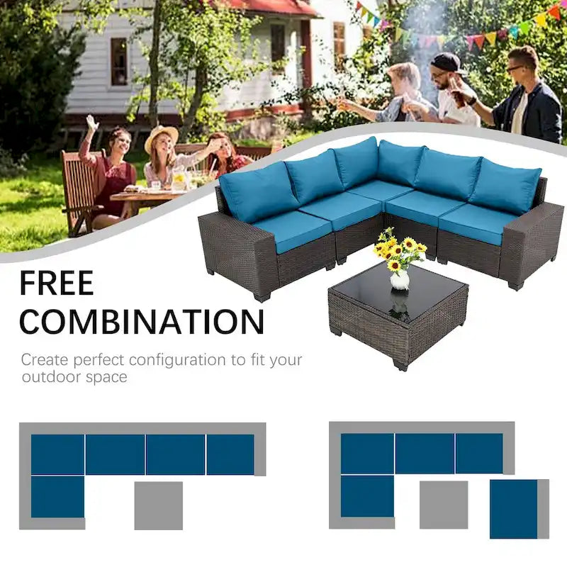 6-Pieces Wicker Outdoor Sectional Set with Cushions and Coffee Table