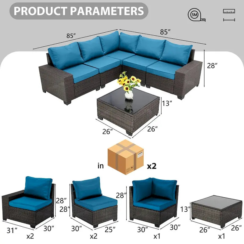 6-Pieces Wicker Outdoor Sectional Set with Cushions and Coffee Table
