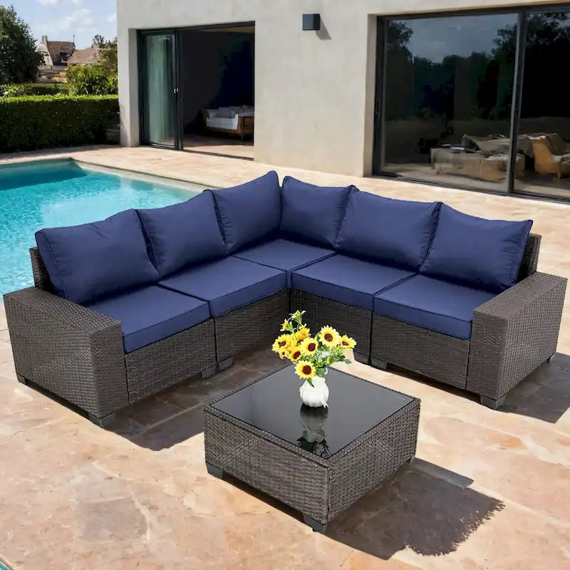 6-Pieces Wicker Outdoor Sectional Set with Cushions and Coffee Table