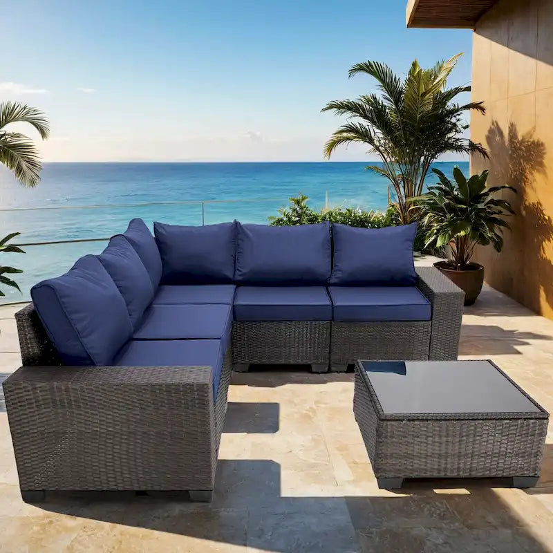 6-Pieces Wicker Outdoor Sectional Set with Cushions and Coffee Table