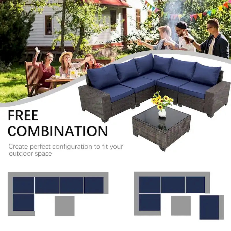 6-Pieces Wicker Outdoor Sectional Set with Cushions and Coffee Table