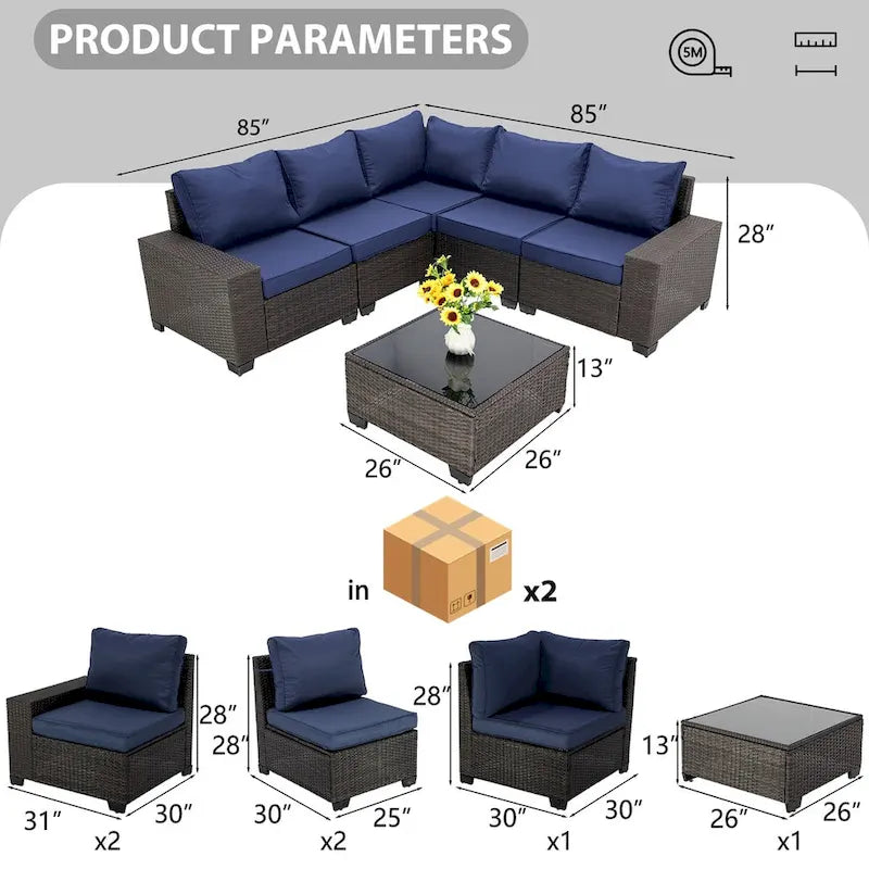 6-Pieces Wicker Outdoor Sectional Set with Cushions and Coffee Table