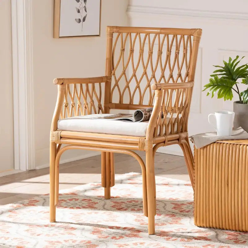 Bohemian Rattan Arm Chair with Cushion - Natural Light Honey for 1