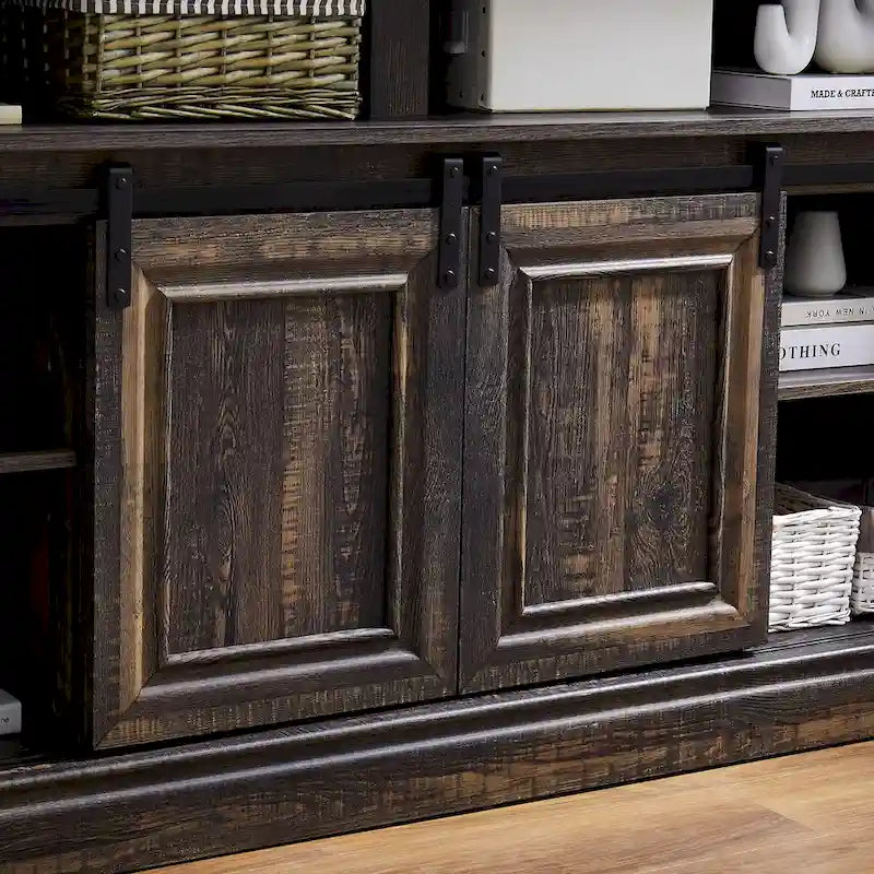 Mid-Century Media Console Table with Sliding Door Storage - Antique White and Brown