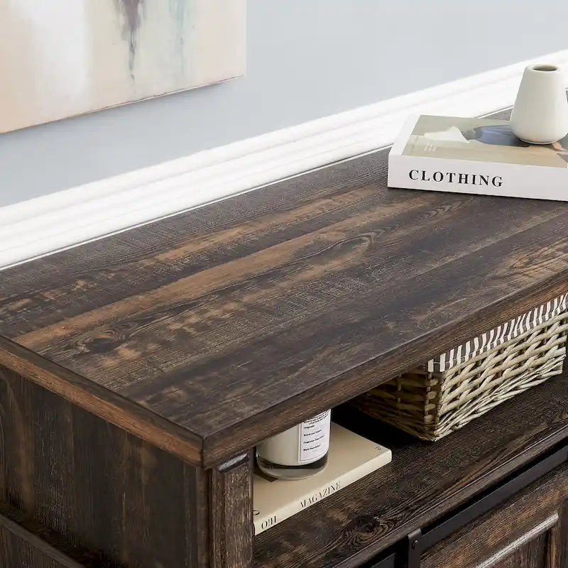 Mid-Century Media Console Table with Sliding Door Storage - Antique White and Brown