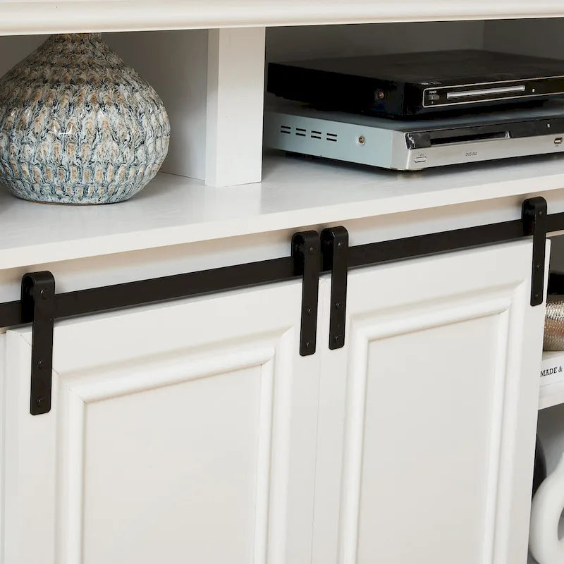 Mid-Century Media Console Table with Sliding Door Storage - Antique White and Brown