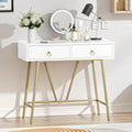 Modern Home Office Desk with 2 Drawers and Golden Legs - White and Black