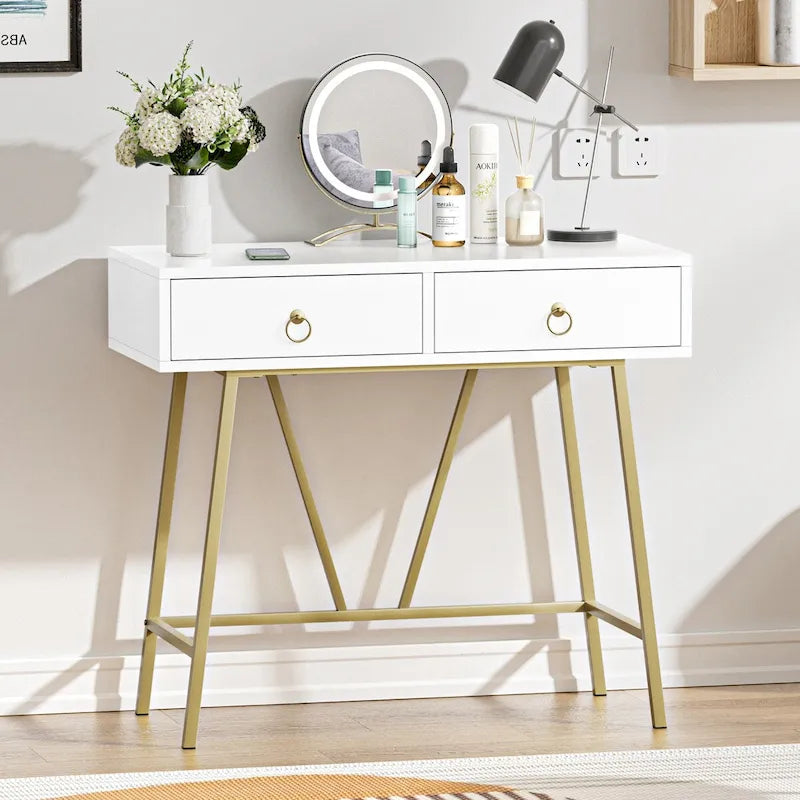 Modern Home Office Desk with 2 Drawers and Golden Legs - White and Black