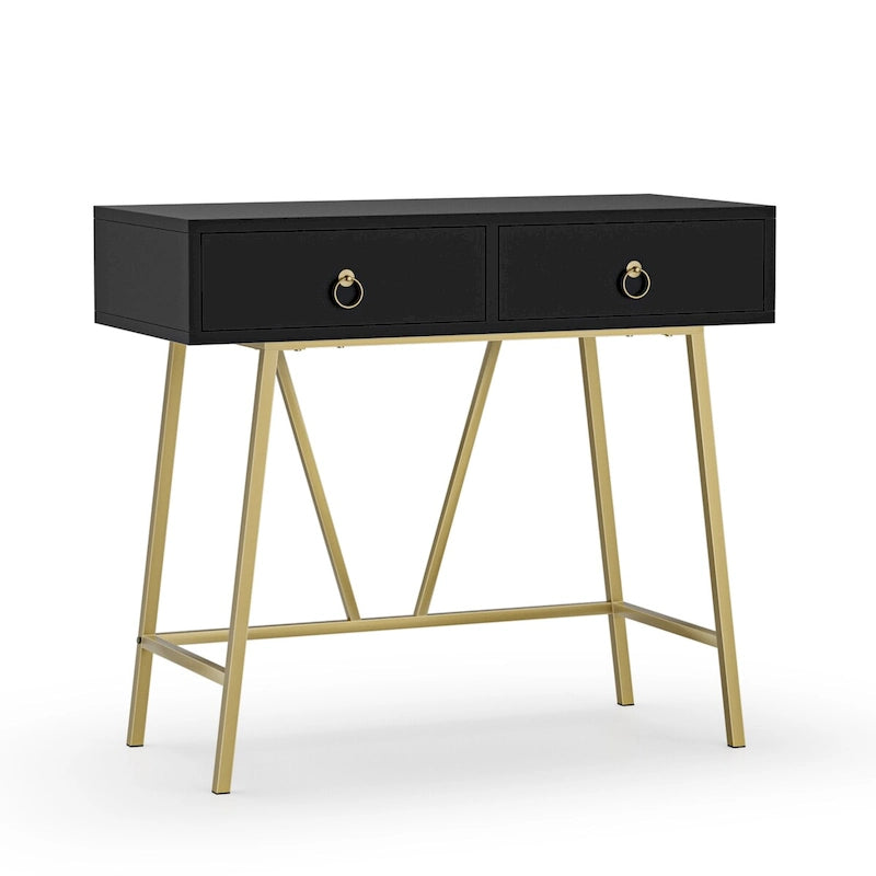 Modern Home Office Desk with 2 Drawers and Golden Legs - White and Black