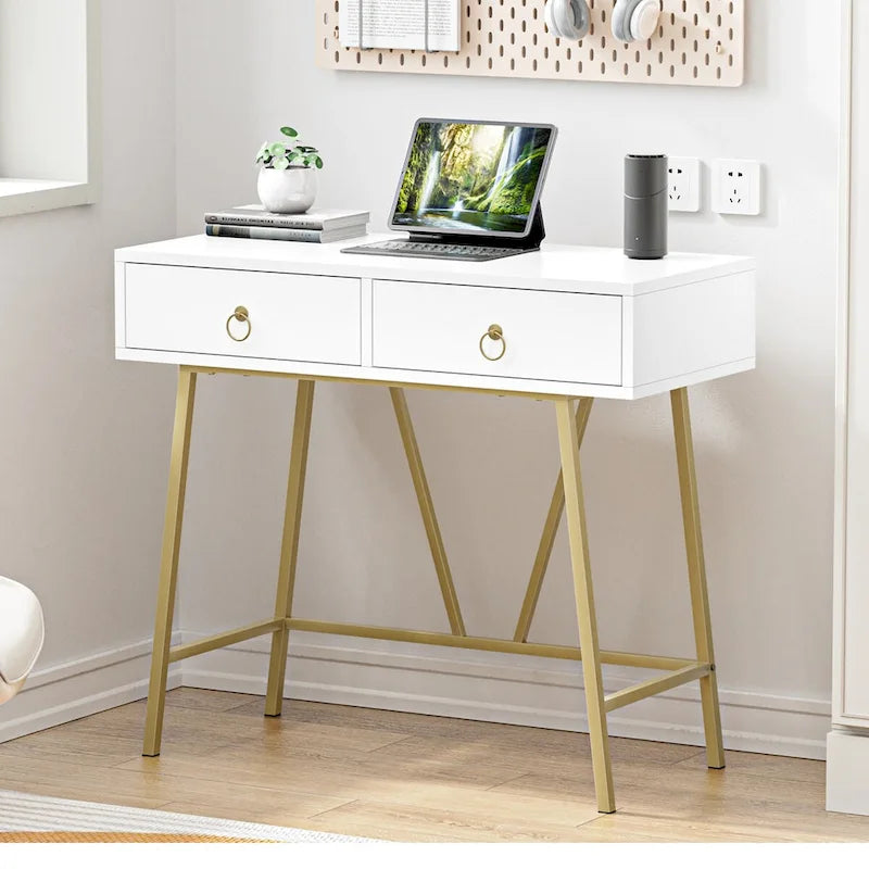 Modern Home Office Desk with 2 Drawers and Golden Legs - White and Black