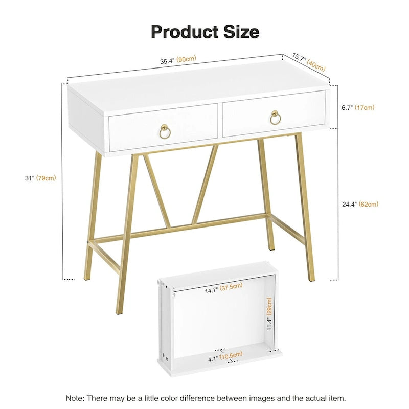 Modern Home Office Desk with 2 Drawers and Golden Legs - White and Black