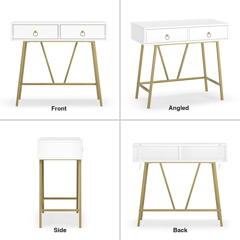 Modern Home Office Desk with 2 Drawers and Golden Legs - White and Black