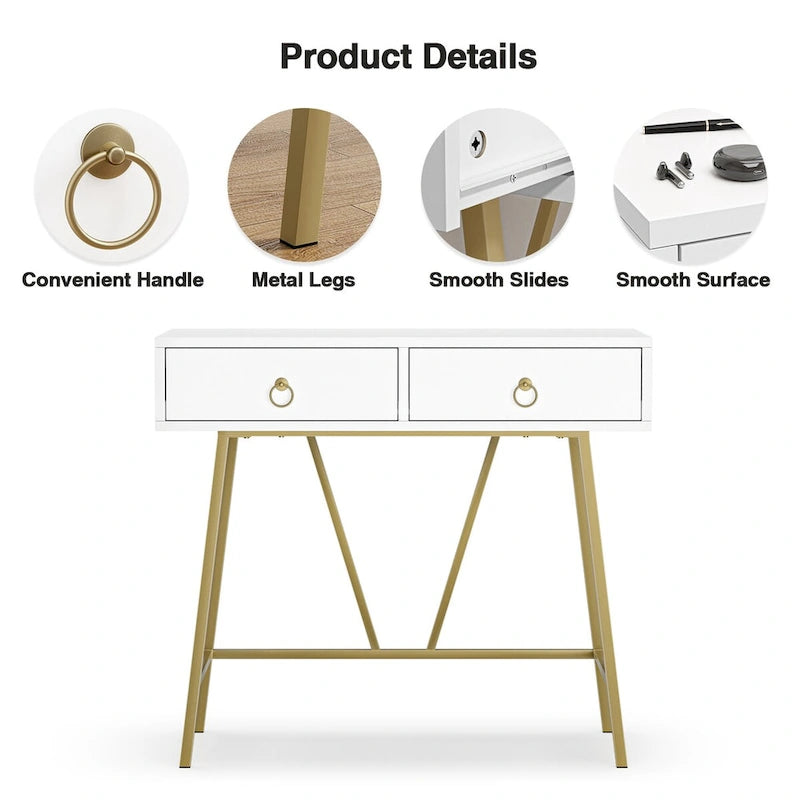 Modern Home Office Desk with 2 Drawers and Golden Legs - White and Black