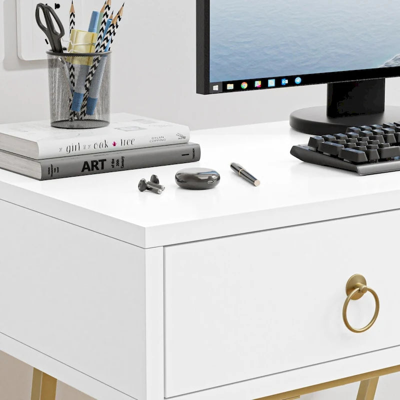 Modern Home Office Desk with 2 Drawers and Golden Legs - White and Black