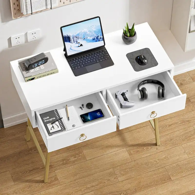 Modern Home Office Desk with 2 Drawers and Golden Legs - White and Black