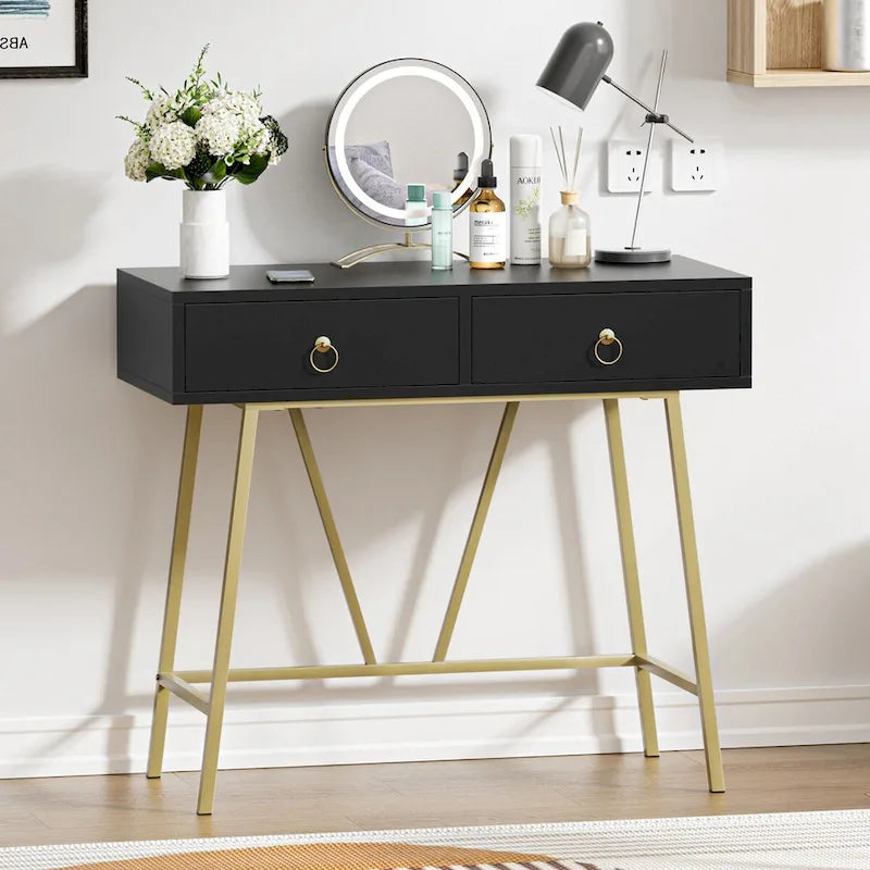 Modern Home Office Desk with 2 Drawers and Golden Legs - White and Black