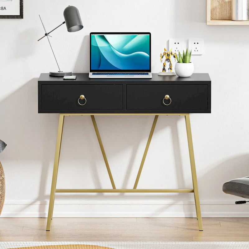 Modern Home Office Desk with 2 Drawers and Golden Legs - White and Black