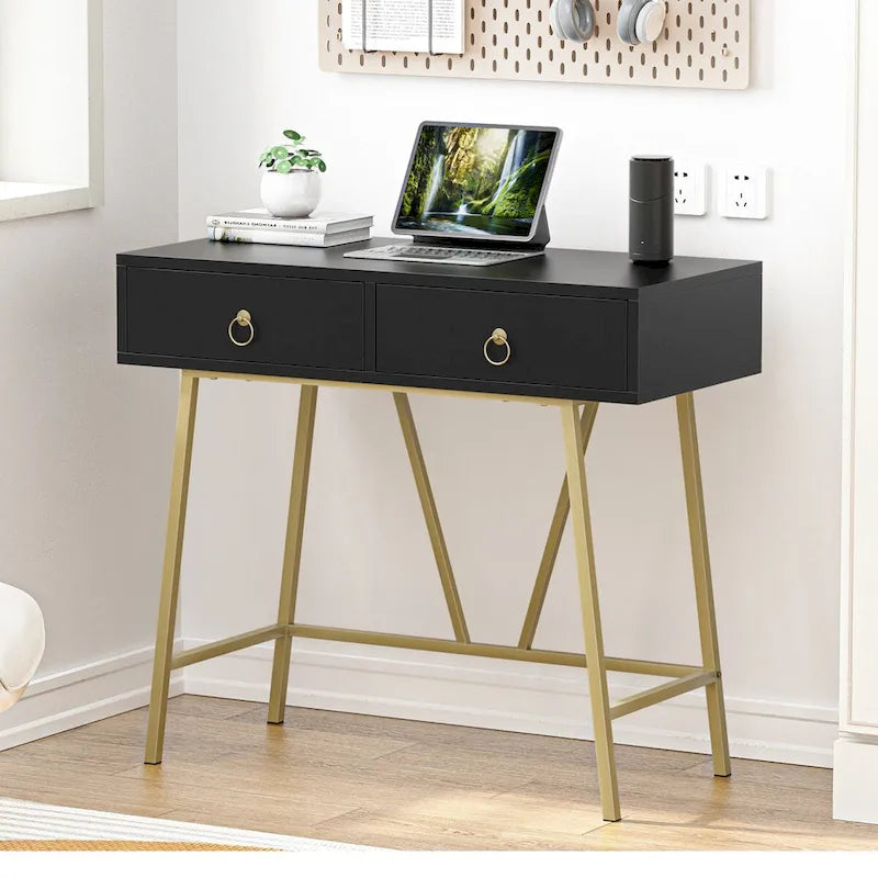 Modern Home Office Desk with 2 Drawers and Golden Legs - White and Black