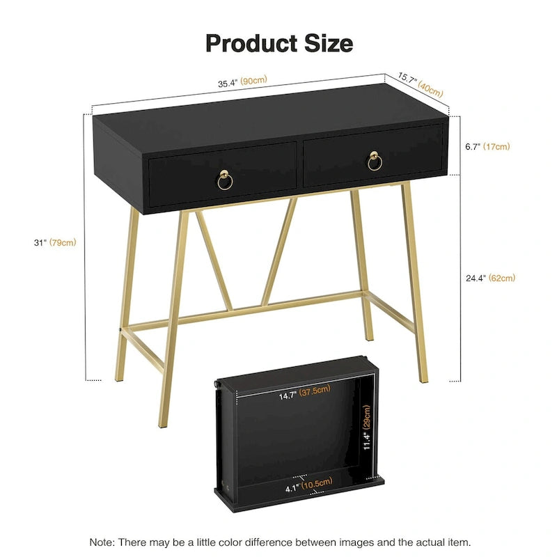 Modern Home Office Desk with 2 Drawers and Golden Legs - White and Black