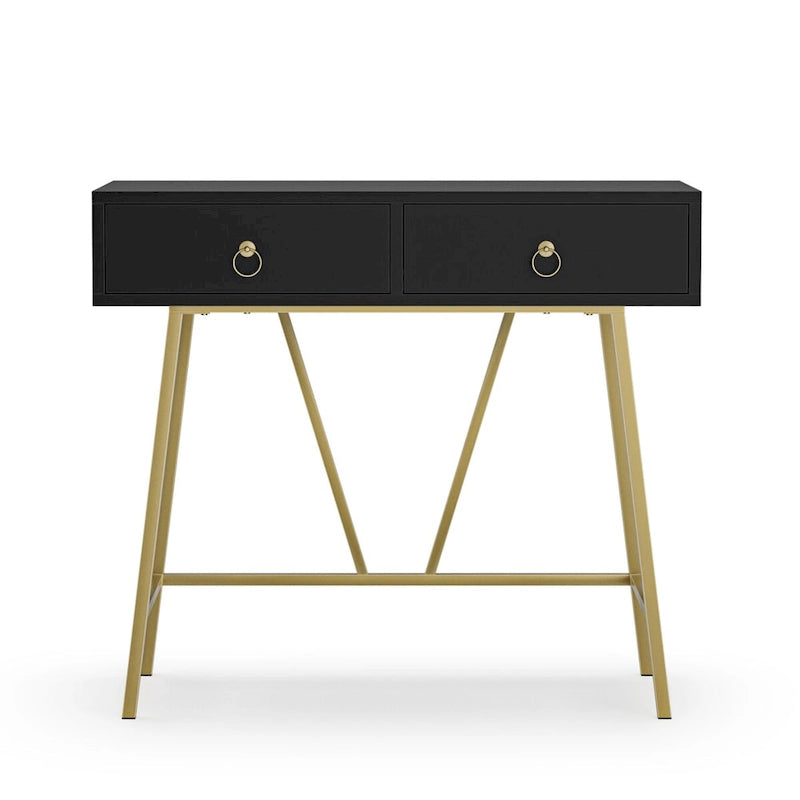 Modern Home Office Desk with 2 Drawers and Golden Legs - White and Black