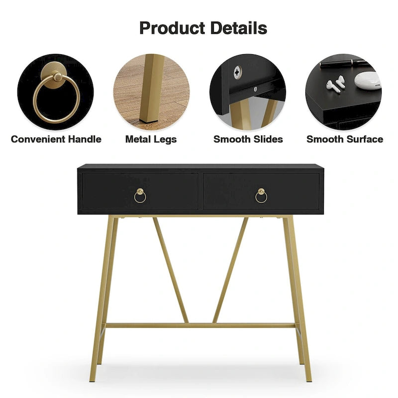 Modern Home Office Desk with 2 Drawers and Golden Legs - White and Black