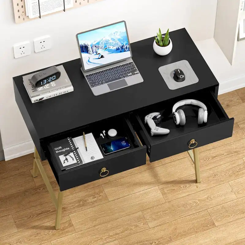 Modern Home Office Desk with 2 Drawers and Golden Legs - White and Black