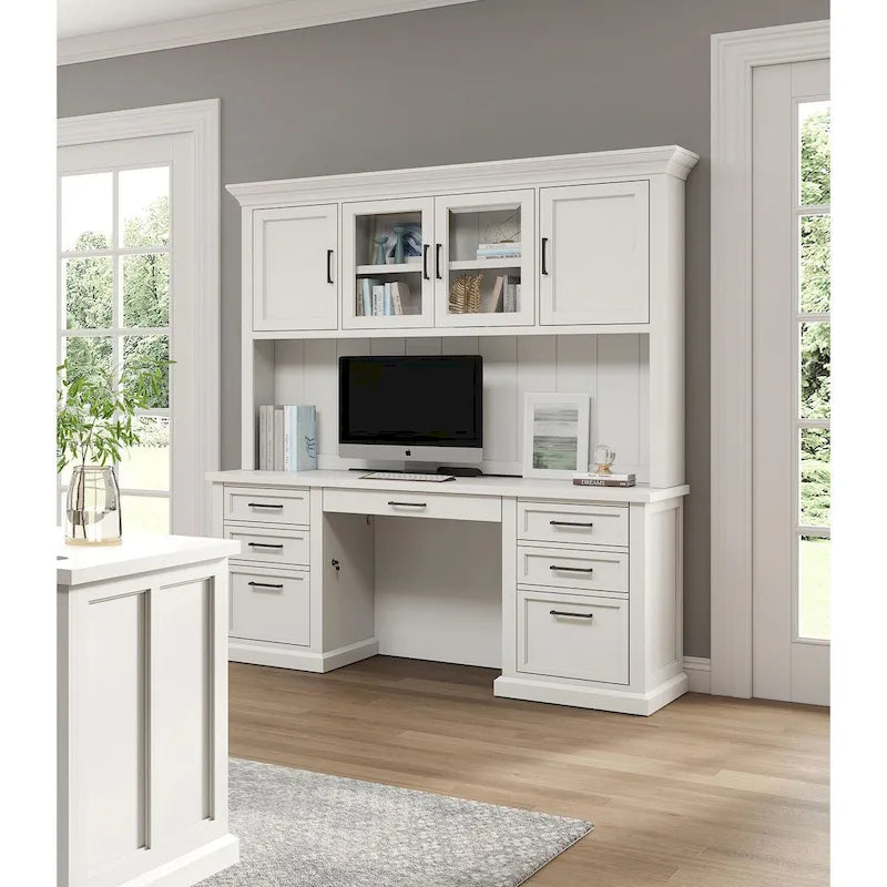 Modern Wood Hutch with Doors and Desk Storage - White