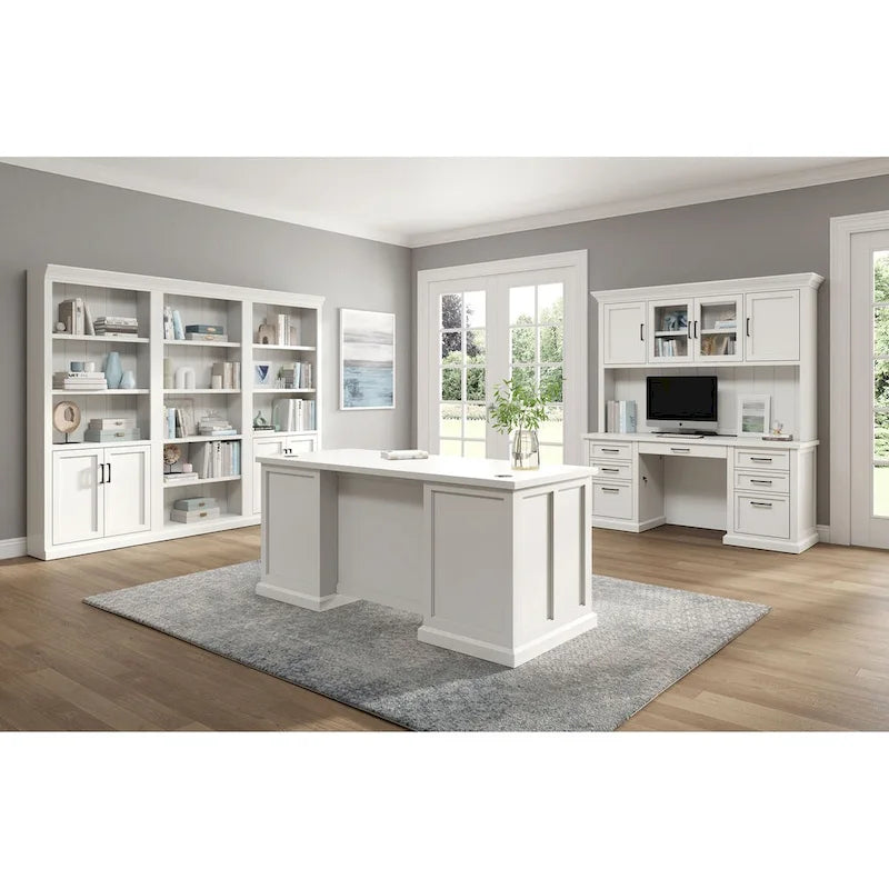 Modern Wood Hutch with Doors and Desk Storage - White