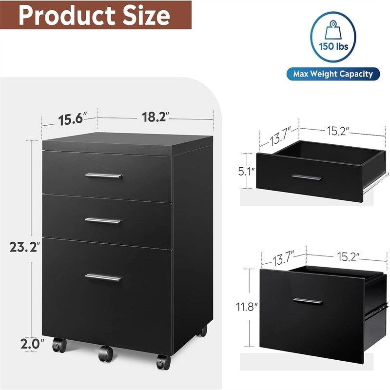 3-Drawer Mobile File Cabinet with Wheels - Black, White, Walnut