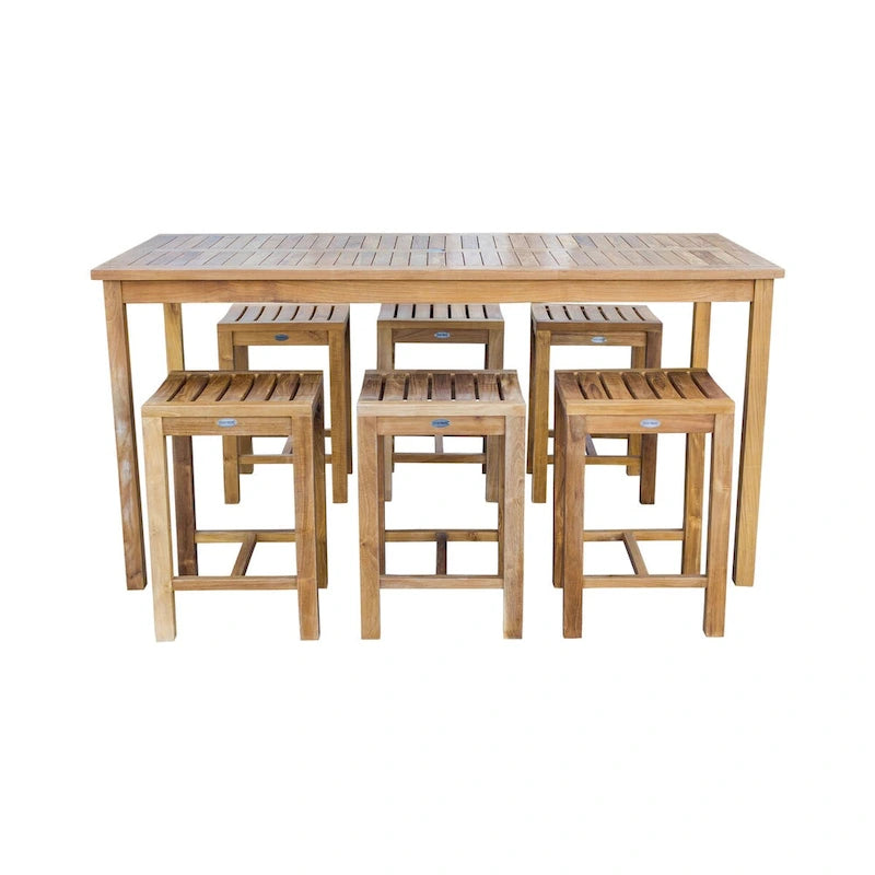 Chic Teak 7 Piece Teak Wood Antigua Patio Counter Height Bistro Set with 71  Rectangular Table and 6 Stools