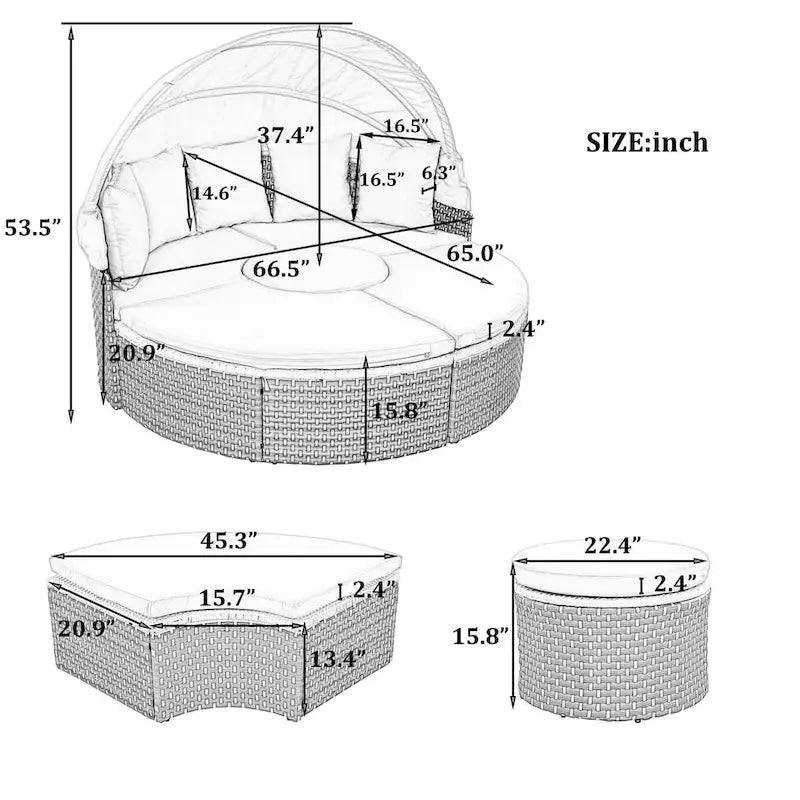 Gray All-Weather PE Rattan Outdoor Round Sectional Daybed Set