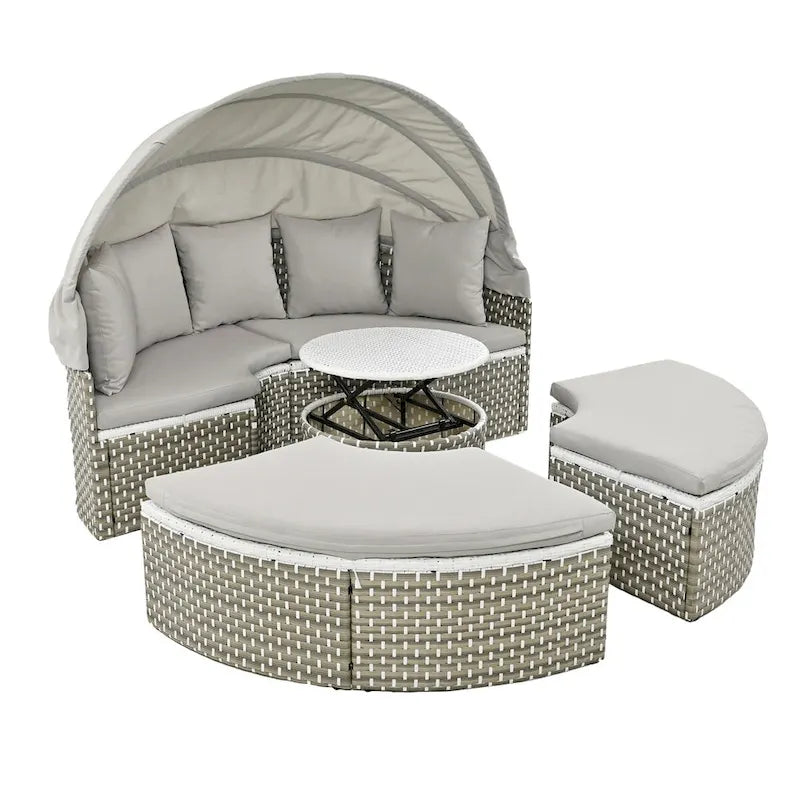 Gray All-Weather PE Rattan Outdoor Round Sectional Daybed Set