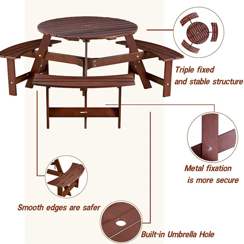 63 in. Wood Round Picnic Tables Set with Umbrella Hole and Benches
