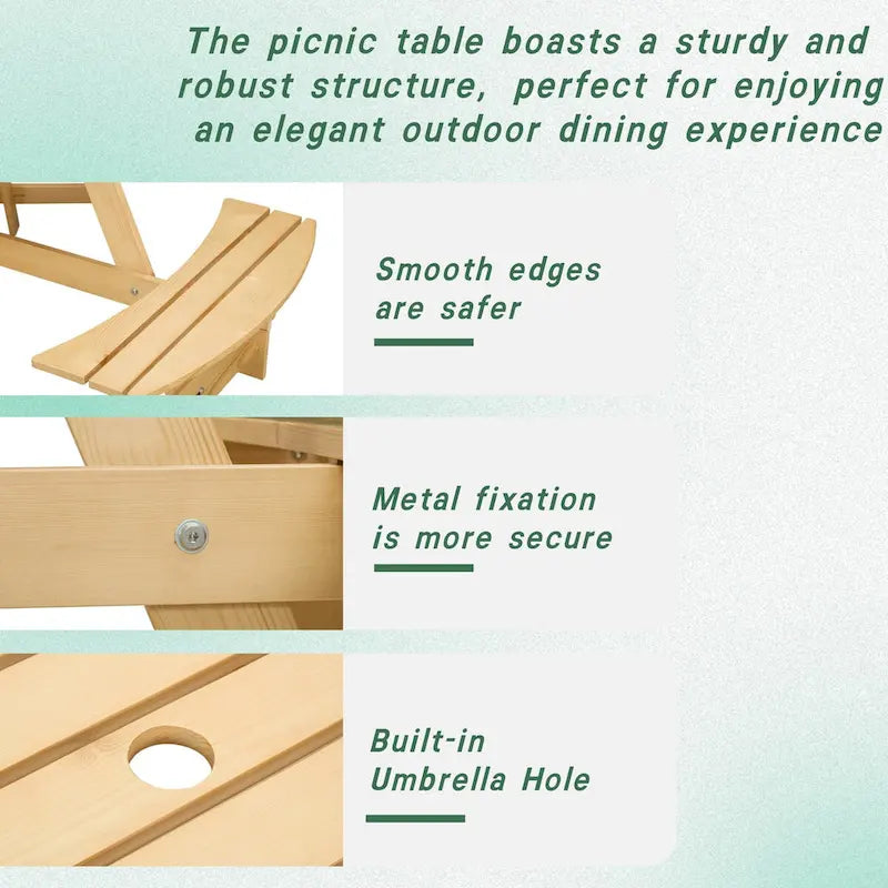 63 in. Wood Round Picnic Tables Set with Umbrella Hole and Benches